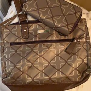Brown printed shoulder bag with matching wallet